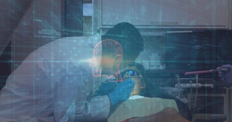 Dentist positioning patient, activating dental scanning device for holographic head projection - Powered by Adobe