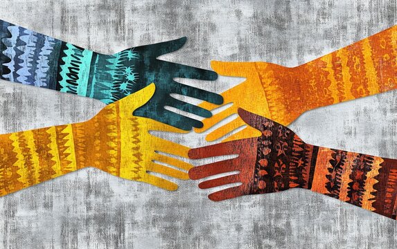 Four hands, patterned and colorful, interlocked in a diverse group