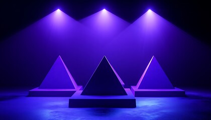 Deep purple triangular platforms supporting product in glowing spotlight design