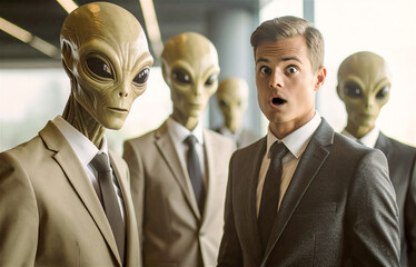 A businessman has the impression he ist doing business with aliens - symbolic picture for strange people in business