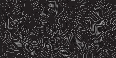 An abstract topographic map design featuring thin, light gray contour lines intricately weaving across a solid black background. The lines undulate and curve,
