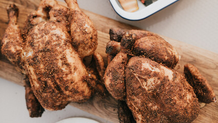 Two pieces of chicken are sitting on a wooden board with a sprinkle of spices on top. The spices...