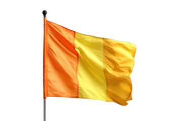 A waving flag with three vertical bands of orange and yellow