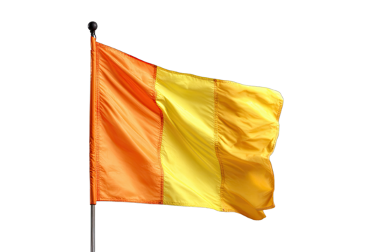 A waving flag with three vertical bands of orange and yellow