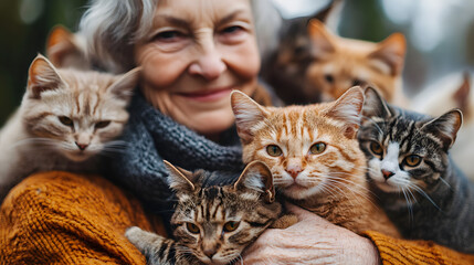 an old woman and many cats, a grandmother and a group of cats