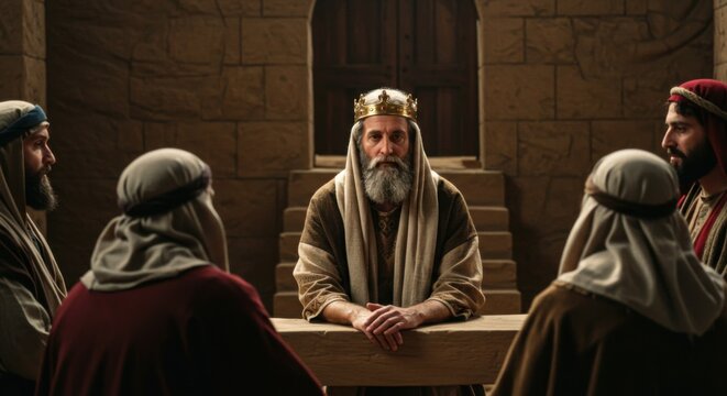 Old man king herod in ancient clothing meeting with three wise men. Biblical scene re-enactment from Christmas Gospel.