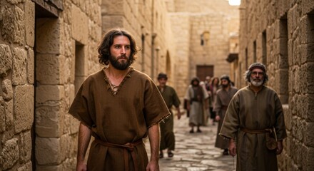 A man dressed in ancient clothing walking through a stone alley with a group of people following behind. Religious historical scene concept.