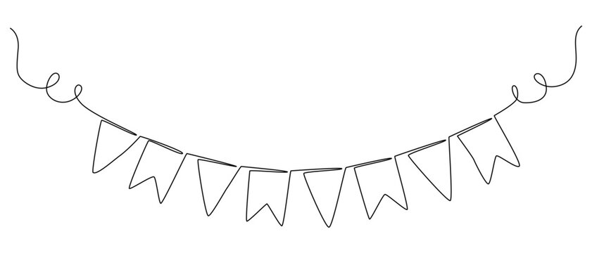 Continuous line art drawing buntings garland. Birthday and jubilee party decoration in simple linear style. Festoon for celebrate carnival and festivals.