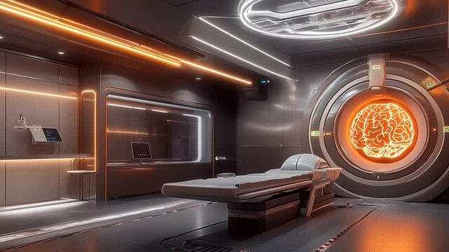 A futuristic hospital room with a large glowing brain on the wall