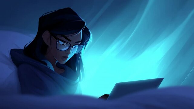 Woman lying in bed using laptop at night, blue light glows on face, digital art style animation, dark theme
