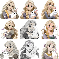 Portraits of princesses with white rabbits.