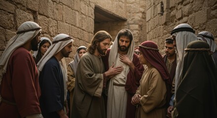 Jesus Christ is talking to man and woman in ancient Palestine. Biblical times and religious education concept.