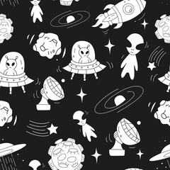 Galaxy seamless pattern with space rocket, UFO, alien creature, asteroid, stars. Texture with vector space elements for textile, print, kids fabric, wrapping paper. Space exploration