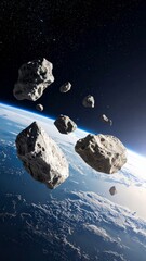 Asteroids drifting in space with stars in the background