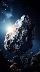 Dark background with a giant asteroid slowly moving