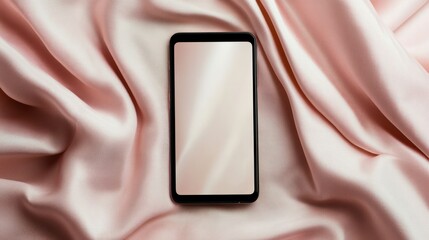 Modern smartphone with blank screen lying on silky pink fabric surface illustrating technology gadgets and mobile device design concept for digital communication use