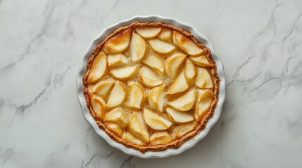 Fresh homemade tart with sliced s arranged in a circular pattern on a flaky crust served in a white ceramic dish on a marble surface