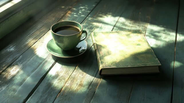 Cozy morning scene with a green ceramic cup of black coffee on a matching saucer, an open book with a green cover, set on a rustic wooden table in warm sunlight