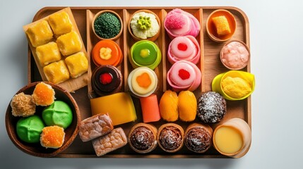 Assorted colorful Japanese mochi and traditional sweets in wooden tray with green tea flavors and decorative toppings perfect for dessert or celebration