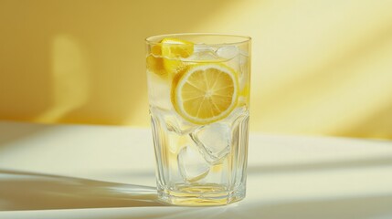 Refreshing Lemon Water in a Clear Glass with Ice and Lemon Slices on a Bright Yellow Background for Healthy Hydration and Summer Beverage Enjoyment