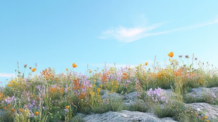 Vibrant wildflower meadow with colorful blooming flowers and lush green grass under a clear bright blue sky du sp or early summer daytime landscape view