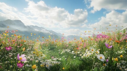 Vibrant colorful wildflower meadow lush green grass with blooming flowers under blue sky with clouds and distant mountains du sp daytime