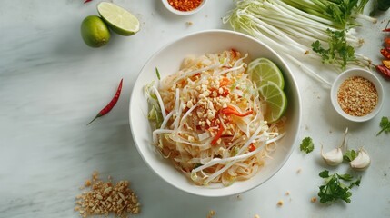 Fresh Vietnamese-style rice noodle salad with shrimp lime herbs and vegetables served in white bowl on marble surface with spices and lime garnishes