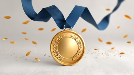 Golden Medal with Blue Ribbon and Falling Leaves