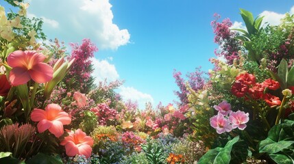 Vibrant colourful garden filled with blooming flowers and lush green foliage under bright blue sky with fluffy white clouds in a lively outdoor landscape scene