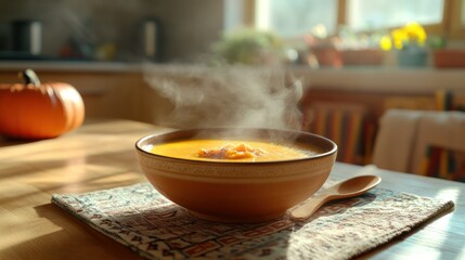Warm Comforting Soup in a Brown Ceramic Bowl with Steam Rising on a Wooden Table in a Cozy Kitchen with Sunlight and Potted Plants in the Background