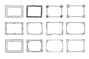 Set of hand drawn doodle frames, cute black and white sketch borders for design, simple vector illustration elements collection.