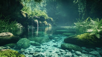 Serene lush green tropical rainforest stream flowing over rocks surrounded by dense foliage and vibrant plant life with misty atmosphere and peaceful natural scenery