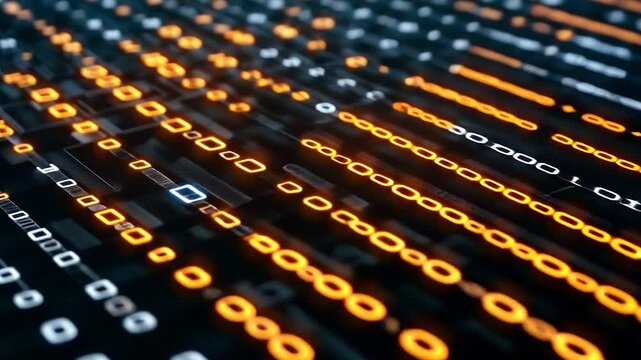 Abstract Digital Binary Code Stream: Glowing Orange and White Numbers on Dark Background