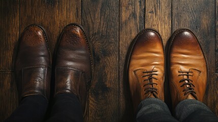 Pair of Men's Formal Leather Shoes in Dark Brown and Light Brown Displayed on Wooden Floor Showing Classic Elegant Footwear Styles for Business and Casual Wear