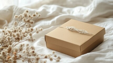 Elegant beige gift box with a white ribbon resting on soft white fabric surrounded by delicate dried flowers for special occasion packaging or decorative display