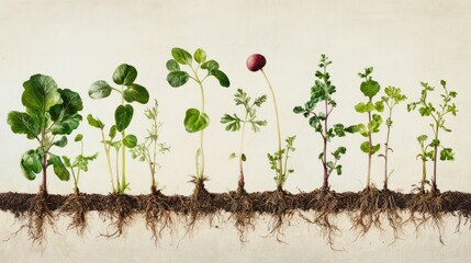 Sequence of young green plant seedlings growing in soil from small sprouting stages to mature plants with roots and stems on light background