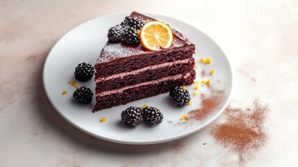 Delicious Black Forest cake with rich chocolate layers topped with fresh blackberries orange slice and powdered sugar served on white plate