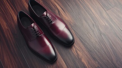 Elegant men's formal leather shoes polished glossy dark burgundy and black ox style dress footwear for business and special occasions on wooden floor