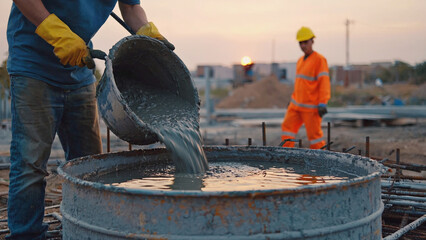 Pouring cement at construction site: Worker in glove carefully pouring cement into tank at construction site, bathed in warm sunset.