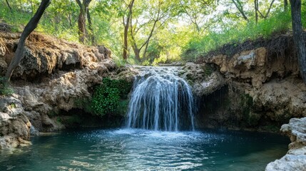 Tranquil natural waterfall cascading into clear blue pool surrounded by lush green trees and rocky terrain in a peaceful outdoor forest setting du daytime