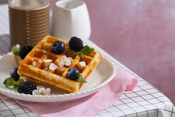 Belgian whole wheat waffles with blueberry on a white table rose background. Breakfast time. Vertical