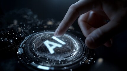 Digital illustration depicts a hand touching a dark circular button displaying â€œAIâ€ with digital particles.