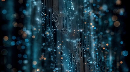 Digital illustration of circuit board patterns suspended in dark space with bokeh lights.