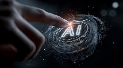 Digital illustration depicts a hand touching a glowing button displaying "AI" within a complex network effect.