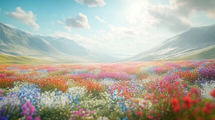 Serene Sp Landscape with Vibrant Wildflowers Blooming in a Wide Mountain Valley Under Clear Sky and Bright Sunlight, Nature Scene for Relaxation and Travel