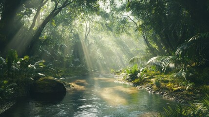Tranquil tropical rainforest stream flowing through lush green vegetation with sunlight filte through dense canopy in a peaceful natural environment