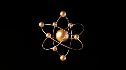 Artistic molecular model representing atomic structure with a central nucleus and orbiting electrons, crafted with metallic spheres and wires, on black background