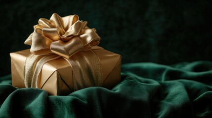 Elegant Gold Gift Box with Large Satin Bow on Velvet Fabric Background for Celebration Holidays and Special Occasions