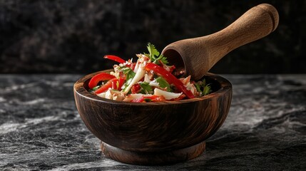 Fresh and colorful vegetable salad with sliced tomatoes red bell peppers and herbs in a wooden bowl on dark marble surface healthy food presentation