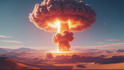 Nuclear Explosion Devastation: A fiery nuclear explosion mushroom cloud rises above a barren desert landscape, a stark visual representation of destruction and devastation.